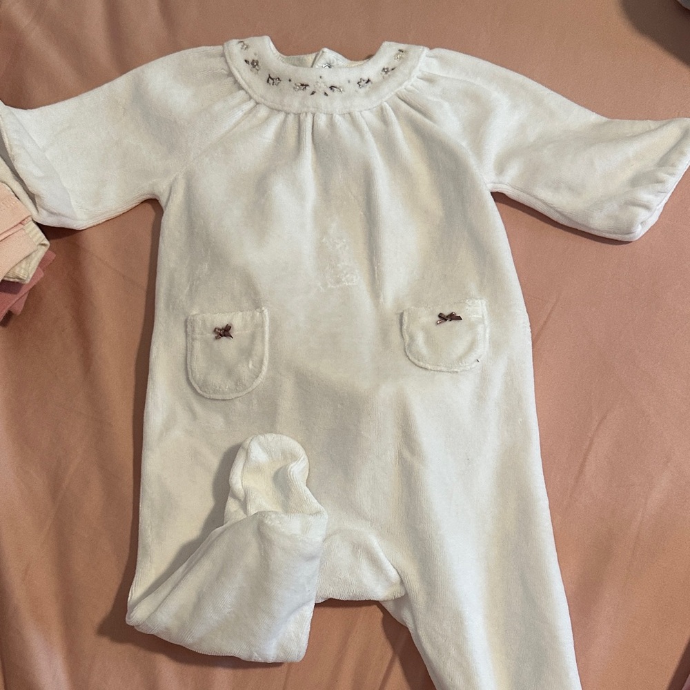 JACADI White Plush Baby One-Piece with Embroidered Neckline